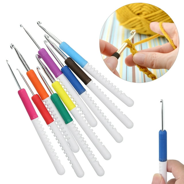 AMONIDA 9 Pcs Aiguilles Émoussées Taille Standard Fil Tricoté Plus Crochets Ensemble Poignée Ergonomique Coloré Choix Multiples Crochets Aiguilles pour Mains Arthritiques
