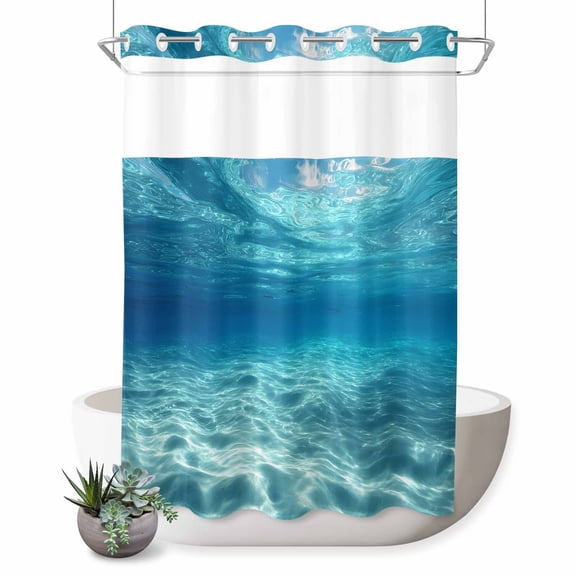 No Hook Shower Curtain, Summer Ocean Shower Curtains for Bathroom with See Through Top Window, Blue Underwater Natural Landscape Waves Waterproof & Washable Bath Curtain Stall 48"x72"