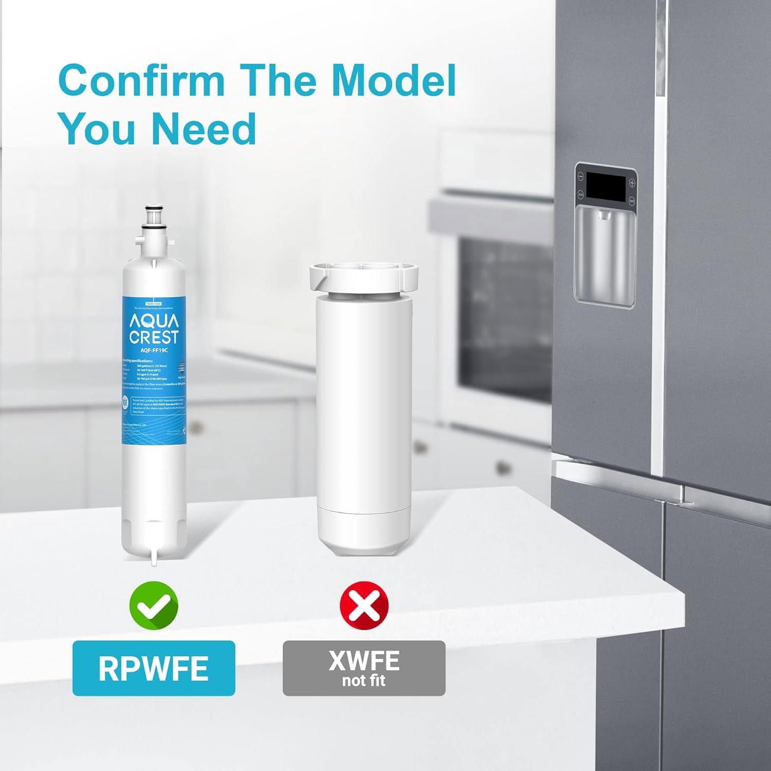 AQUA CREST FF19C Replacement for GE® RPWFE®, RPWF (with CHIP) Refrigerator Water Filter, Compatible with GYE22HMKES, GYS22GMNES, GYE22HBLTS, DFE28JSKSS, GFE28HMHES, GNE29GYNFS, 4 Filters