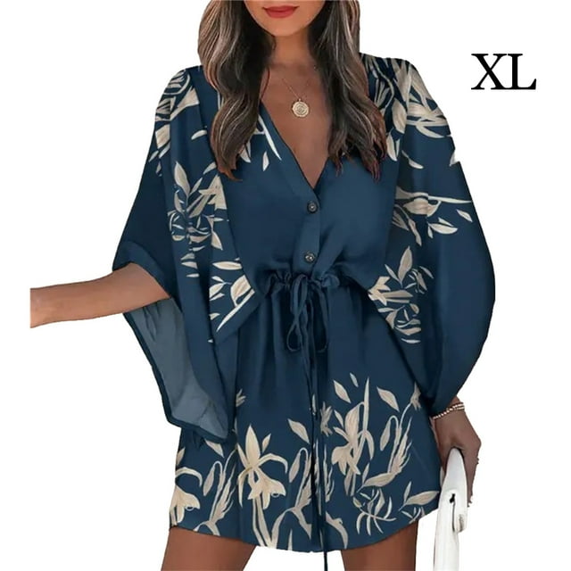 Robes à Lacets pour Femmes Été Dames Imprimé Irrégulier Jupe Col en V Élégante Décontractée Robe Courte à Nouer Fête Plage Maison Travail Type1 TG