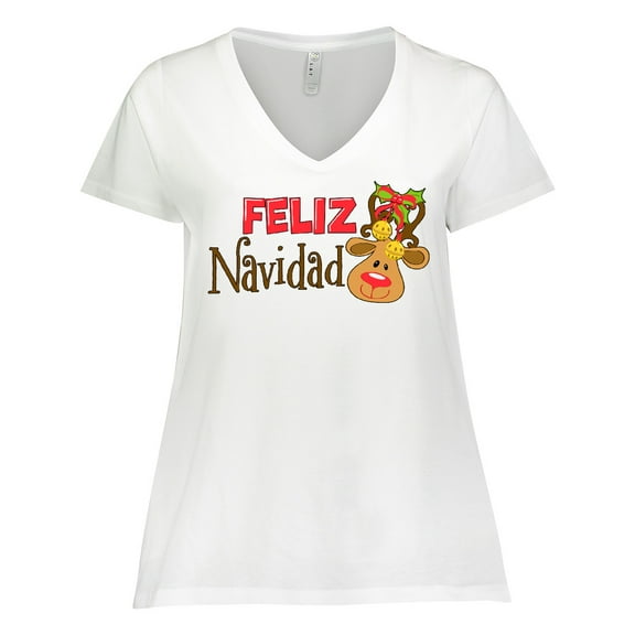 Inktastic Christmas Feliz Navidad with Cute Reindeer Women's Plus Size V-Neck T-Shirt