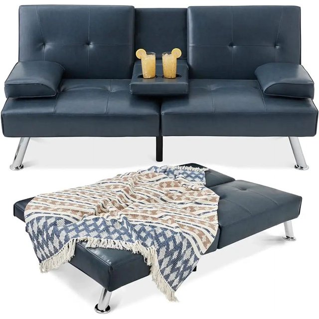 Faux Leather Upholstered Modern Convertible Futon, Adjustable Folding Sofa Bed, Guest Bed w/Removable Armrests My Lux Decor Round