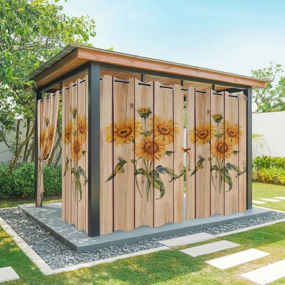 Outdoor Curtains for Patio Waterproof, Sunflower Windproof Pravicy Outside Porch Blackout Curtain, Vintage Summer Botanical Wooden Farmhouse Sun Blocking Grommets Curtains for Cabana Gazebo 54"x84"