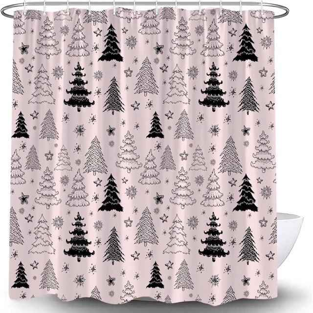 Christmas Tree Shower Curtain Pink Grey Black Xmas Tree Retro Christmas Tree Snowflake Merry Christmas Pine Pattern New Year Rustic Winter Holiday Fabric Bath Curtain Set with Hook