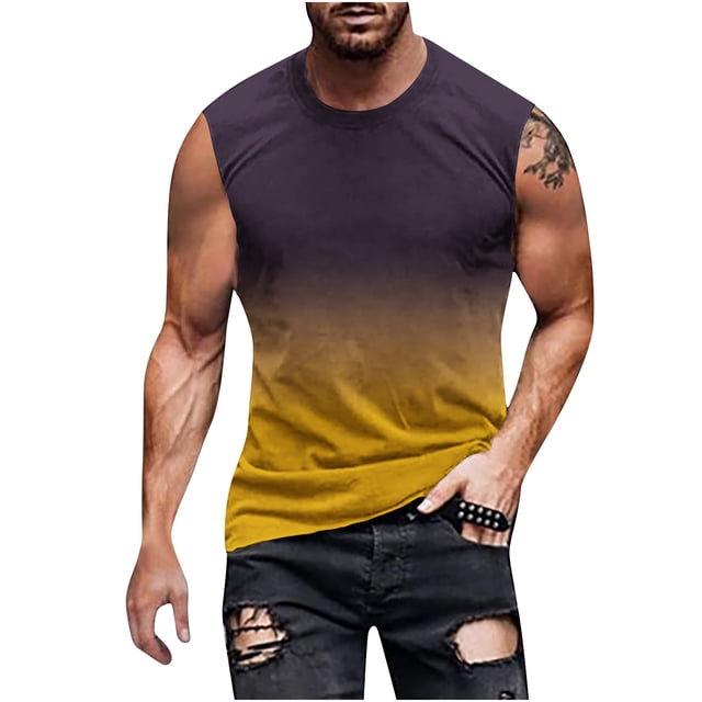 T-shirts Sans Manches pour Hommes Débardeur Dégradé Sans Manches pour Hommes Coupe Régulière Imprimé Non Positionné Chandail Sans Manches Col Rond T-Shirt Sans Manches Débardeur de Sport Décontracté Débardeur pour Hommes Débardeurs d'Été