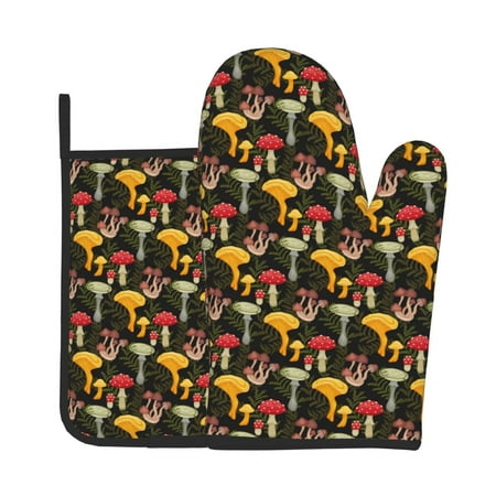 

Zeuib Mushrooms And Fern Stems Print Oven Mitt & Pot Holder Set 2-Pack Kitchen Gloves and Hot Pads for Cooking BBQ Grilling Baking