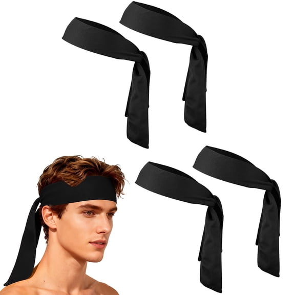 Uxcell Tie Sweatband Headband, Running Athletic Hair Head Band Adjustable Head Tie Non-Slip Moisture Wicking 4Pcs & Black -Fitting for (Tennis/Karate/Workout/Yoga)