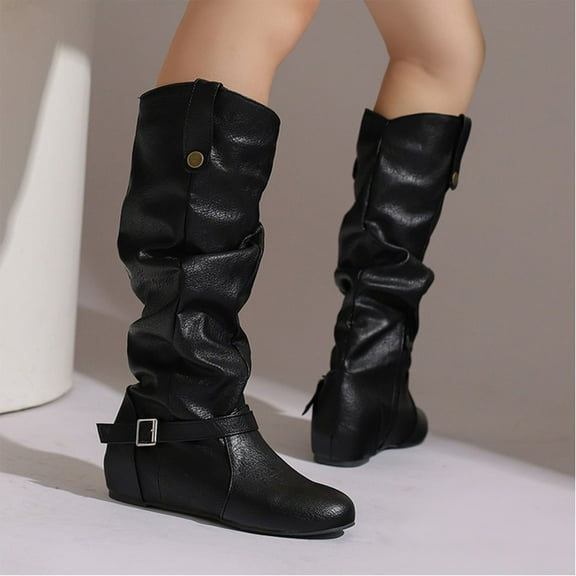 Bnwani Women Boots Footwear New Winter Fashion Toe High Mid-Calf Versatile Casual Boot Black Size 5.5