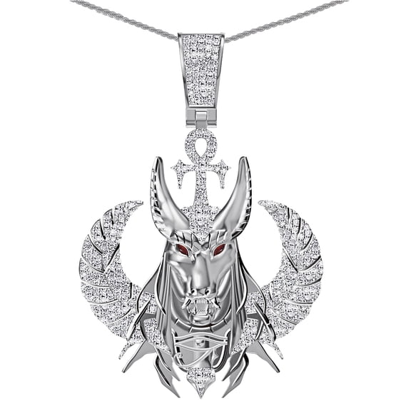 Real Genuine Diamond 28  Grams Egyptian God Of Death Flying Anubis Horus Eye Of Ra Ankh Cross Pharaoh Charm 10K White Gold Over Pendant Chain Set