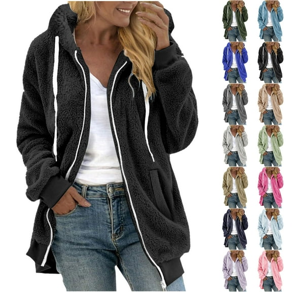 Otntypg Fuzzy Jackets for Women Casual Full Zip up Long Sleeve Drawstring Hooded Outwear Coat Winter Plush Thick Warm Sherpa Fleece Tunic Hoodie Sweatshirts with Pockets Black XXL