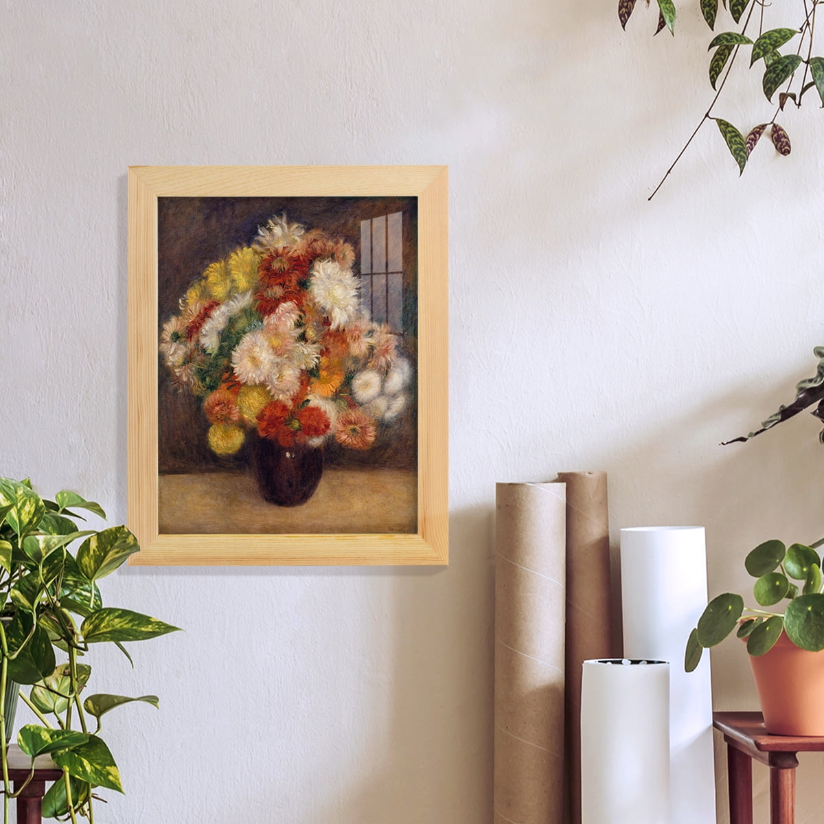 Bouquet of Chrysanthemums -Framed Print w/glass-Natural Wood