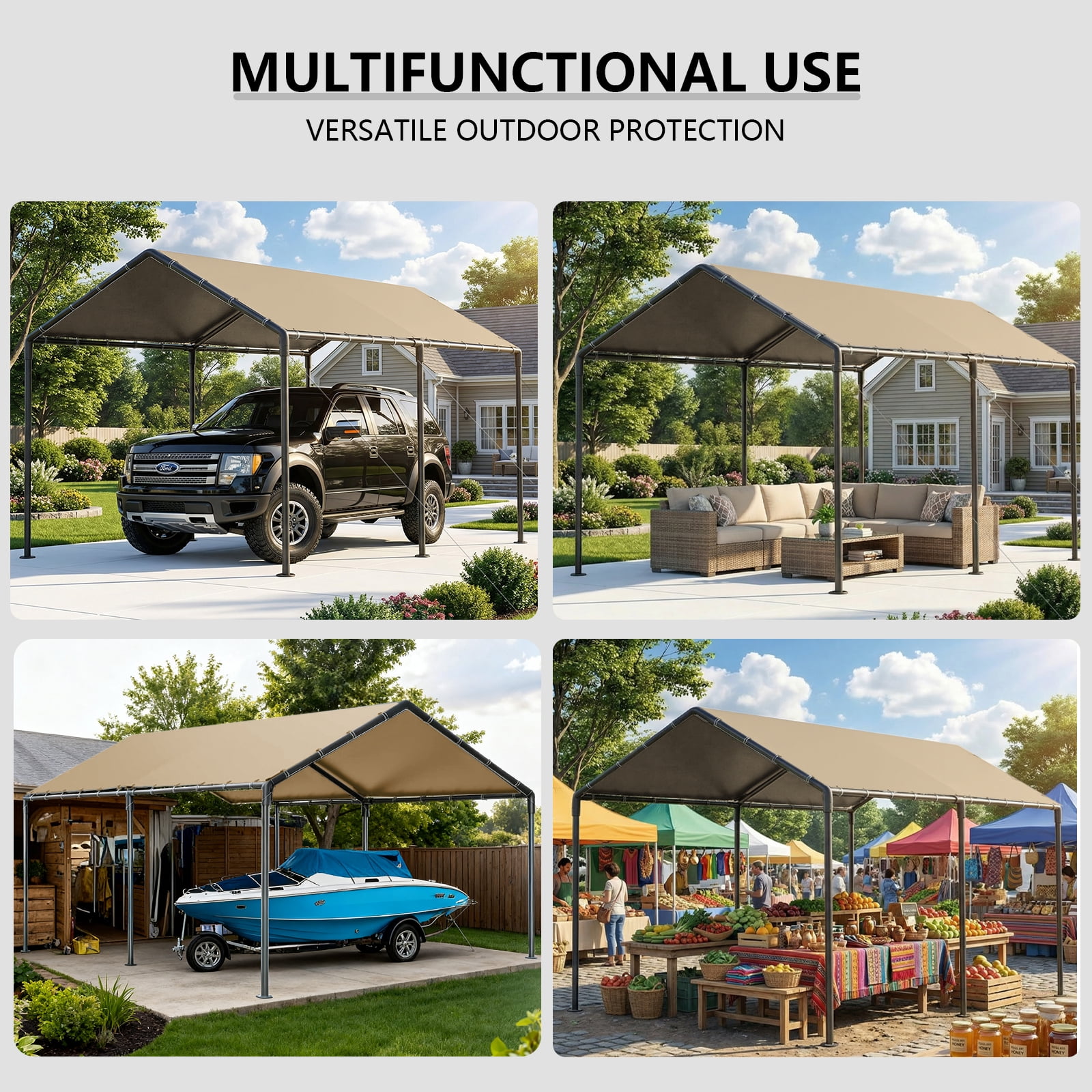 Grezjxc 10x20 ft Metal Carport Car Canopy Portable Car Tent Garage, Beige