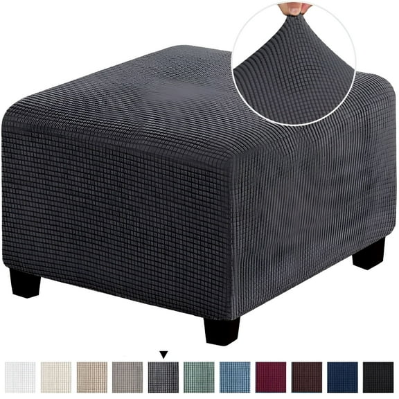 LAMIRO 3 Sizes Square Jacquard Durable Customized Stretch Footrest Ottoman Cover Folding Storage Stool Furniture Protector Slipcover (Dark Grey,S)