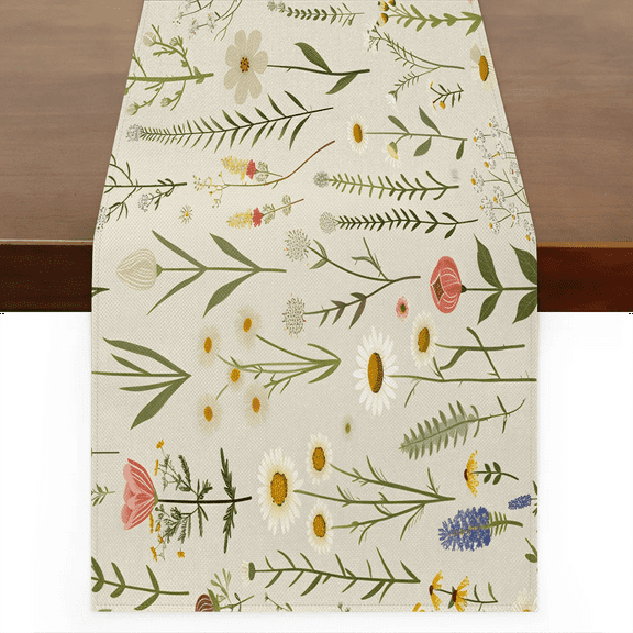 Qzaxky table runner Wildflowers Floral Herbs 13 x 36 Inch, Spring Summer Table Runner Green Floral Table Runner Decoration for Indoor Outdoor Home Dinner Party Wedding Decor