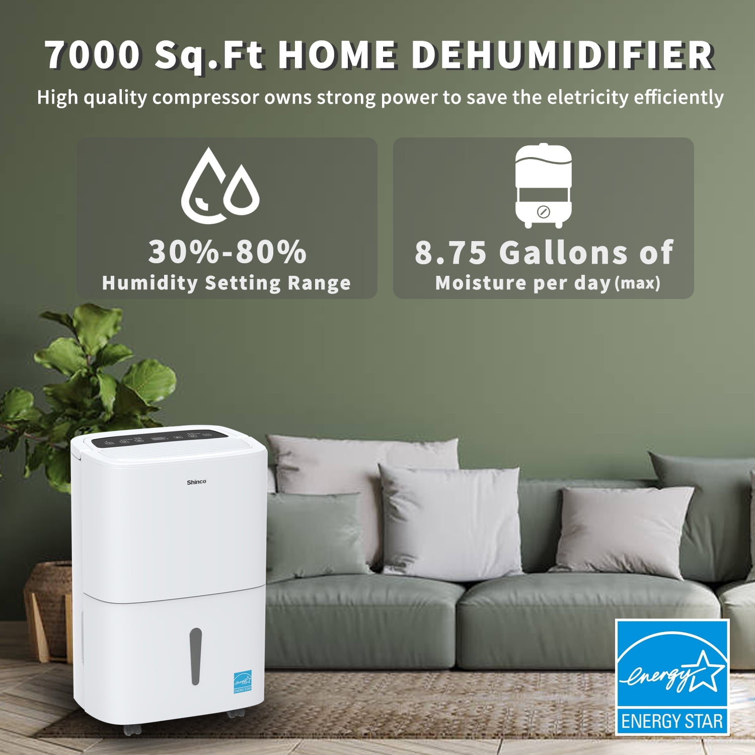 Shinco 7,000 Sq.Ft Energy Star Dehumidifier with Pump, Ideal for Large Industrial Rooms and Home Basements, Efficient Moisture Removal and Humidity Control, 1.85 Gallons Water Tank