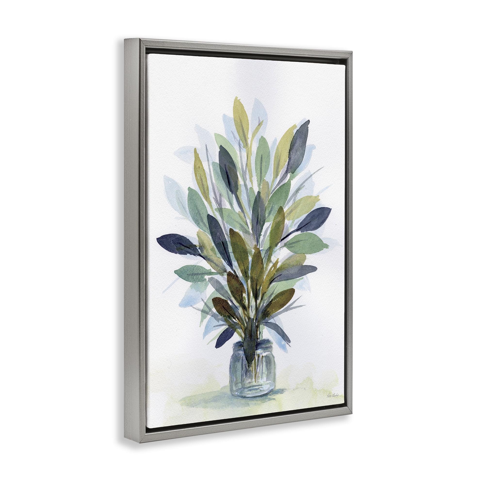 Stupell Industries Rustic Leaves Jar Botanical & Floral Painting Gray Floater Framed Art Print Wall Art, 21 x 31