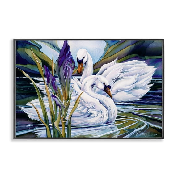 Stupell Industries Swans with Abstract Pond Ripples Animals Painting Black Framed Art Print Wall Art, 18 x 12