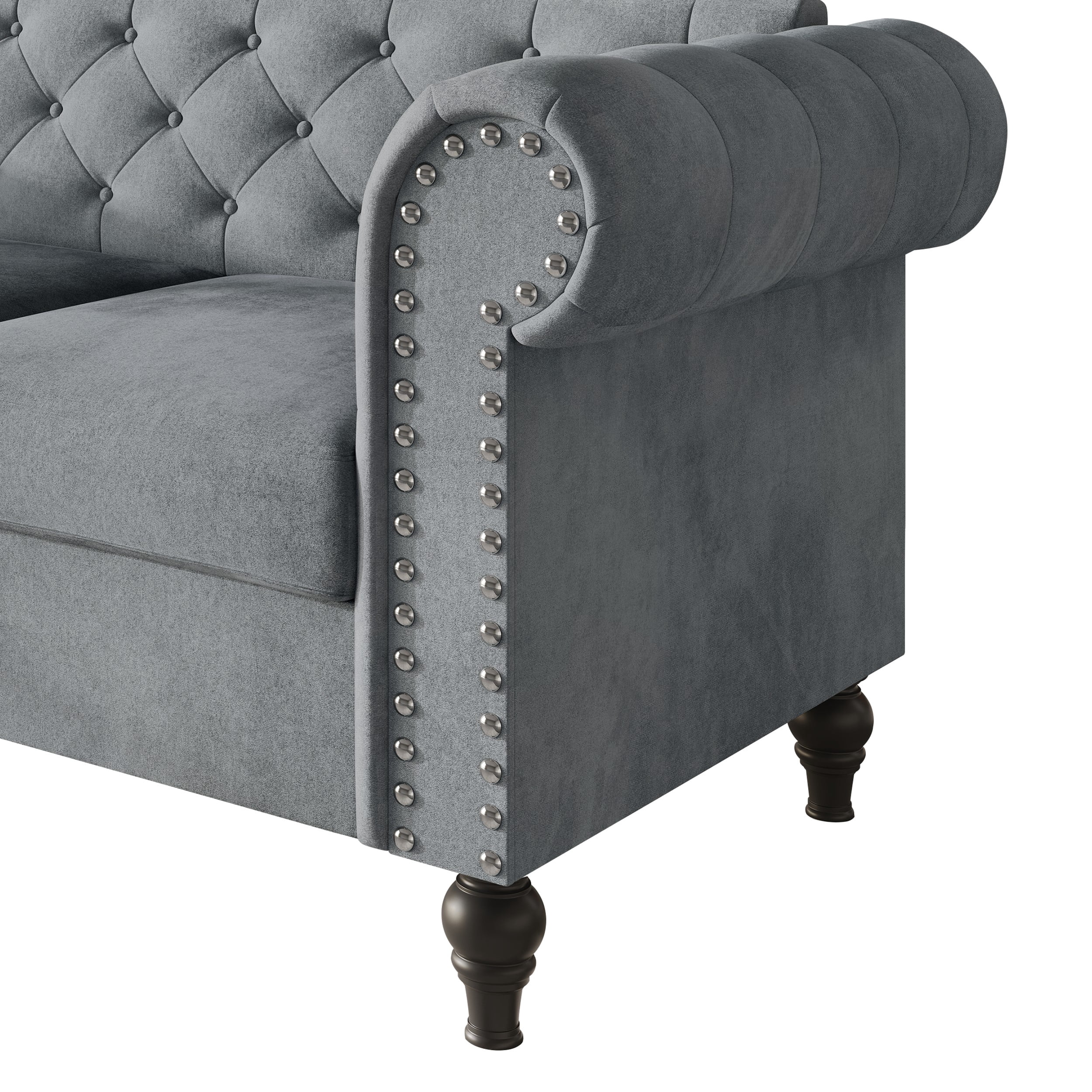 Home Design Kelso Velvet Rolled Arm Sofa with Deep Button Tufting, Nailhead Trim and Turned Legs, Gray