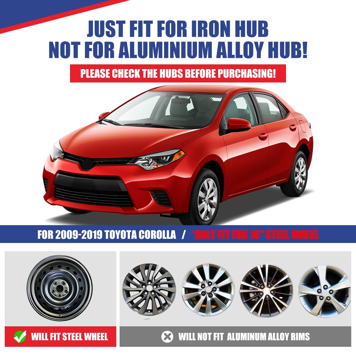 4PCS Set 16" Hubcap Wheel Cover For 2014-2016 Toyota Corolla,Wheel Rim Cover Compatible With Steel Wheels,Snap On Hub Caps Replacement,ABS&PC Material,Matte Black Painted
