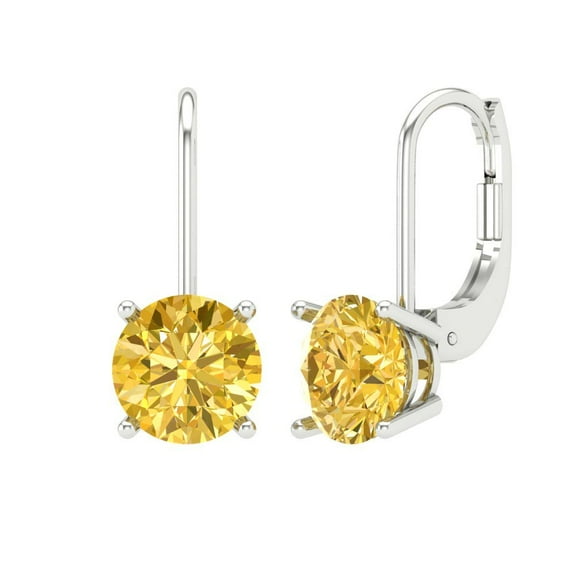 Clara Pucci 4 ct Brilliant Round Cut Drop Dangle VVS1 Genuine Conflict free Yellow Zircon Solid 18K White Gold Designer Everyday Earrings Lever Back