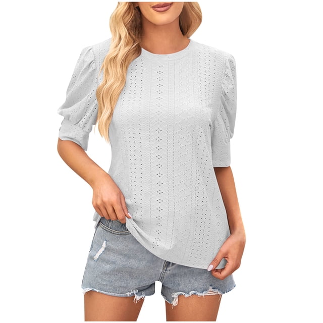Timegard Hauts pour Femmes à Oeillets Col Rond Manches Courtes Bouffantes Boutonné Confortable Couleur Unie Chic Décontracté Tuniques Chemises