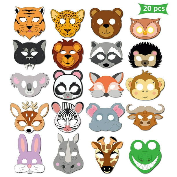 Máscaras de papel con forma de animal selvático para fiestas infantiles con tigre, león y panda