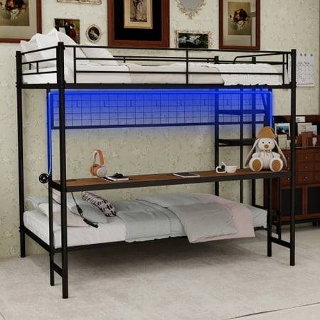DRNANLIT Full Over Twin Metal Bunk Bed w/ Desk & LED Light, Black