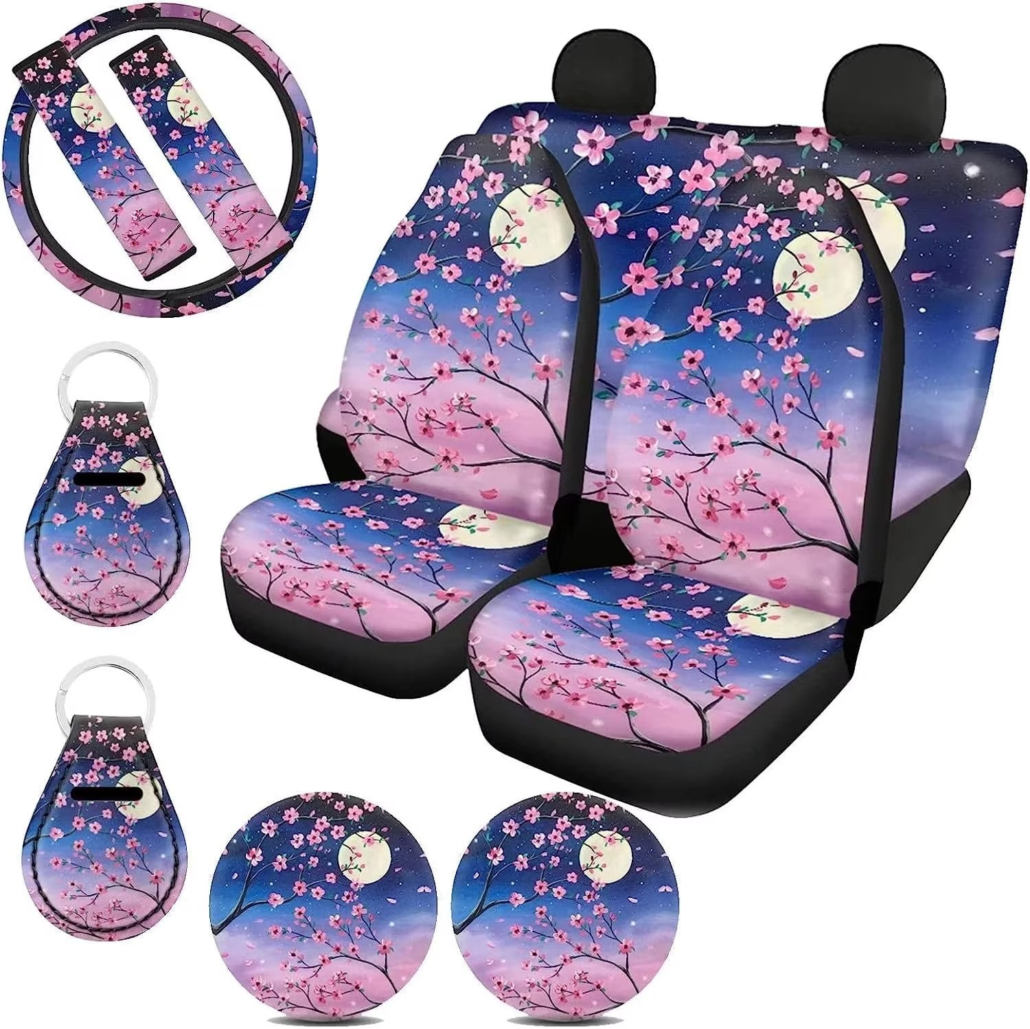 Pzuqiu Moon Cherry Blossom Car Seat Covers Full Set 11 Pack Neoprene Steering  Wheel Covers Seat Belt Covers for Adults Keychain Accessories for Women  Truck Cup Coasters