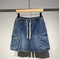 thumbnail image 4 of Hurxie Men's Drawstring Elastic Waist Flap Pocket Straight Cargo Jean Denim Shorts Dark Blue,M, 4 of 7