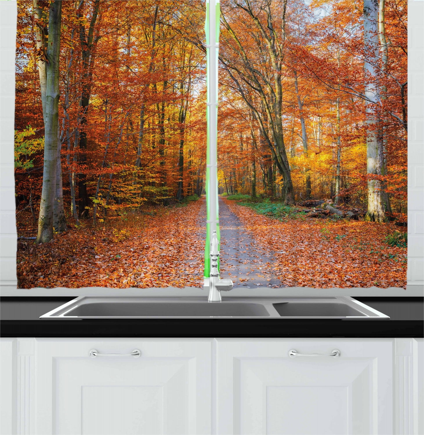 Fall Curtains 2 Panels Set, Pathway Covered with Fallen Leaves Through Fall Forest Vibrant Trees Print, Window Drapes for Living Room Bedroom, 55W X 39L Inches, Orange Yellow Green, by Ambesonne