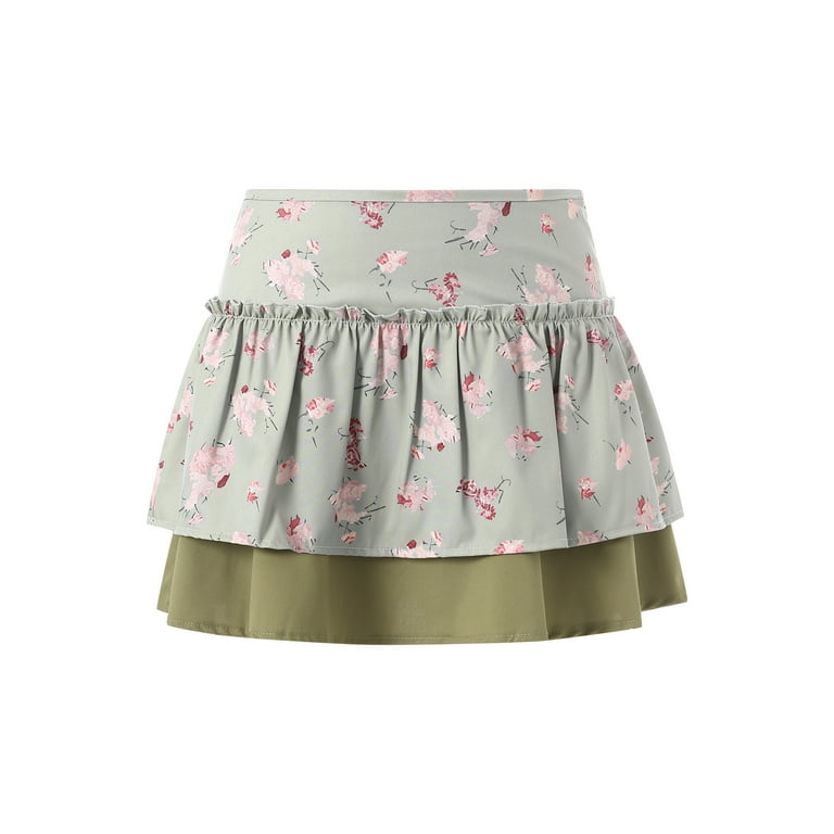 aturustex Teens Women Pleated Skirt Floral Print Double Layer