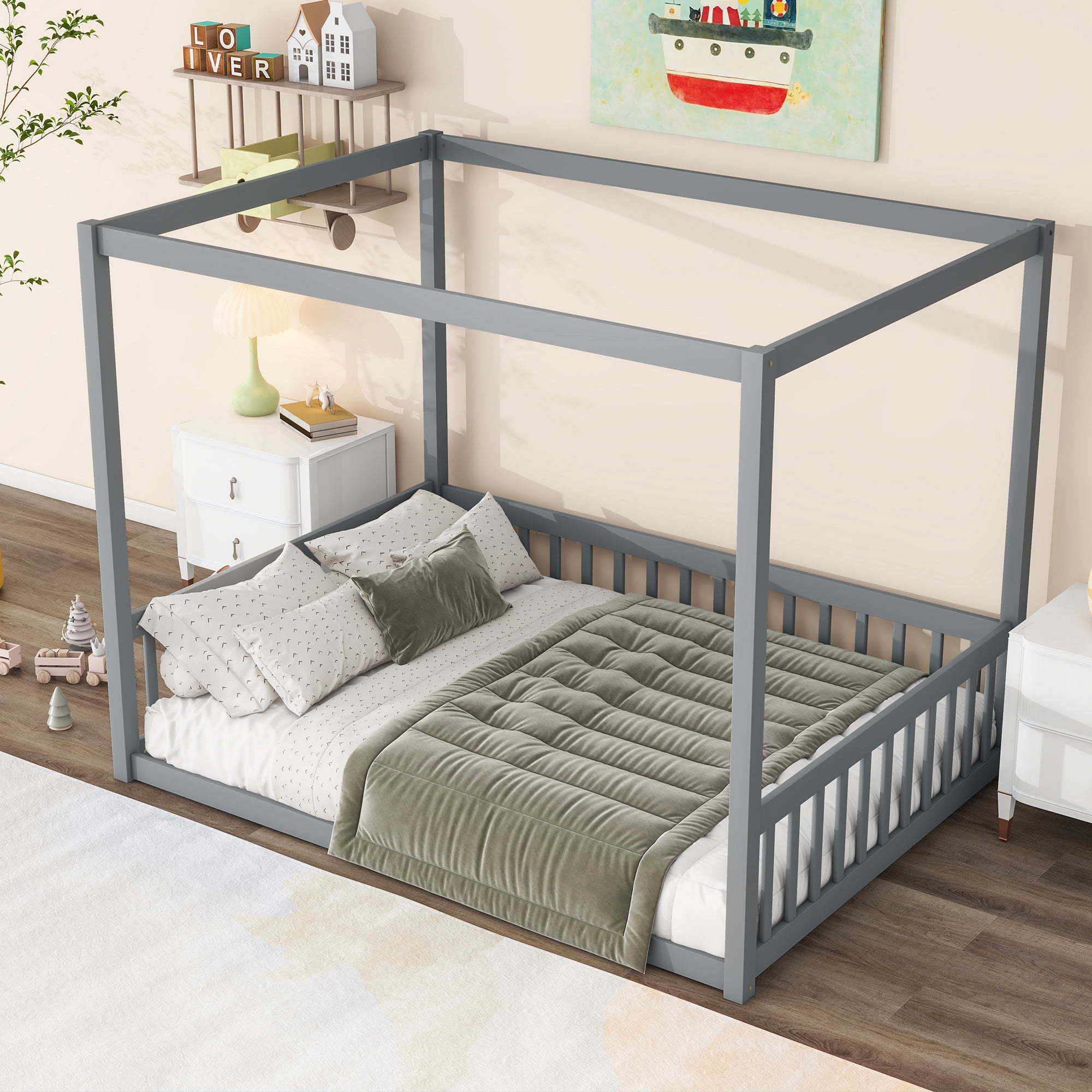 Leumius Full Size Canopy Frame Rubber Wood Floor Bed with Fence,Guardrails for Boys Girls Grey