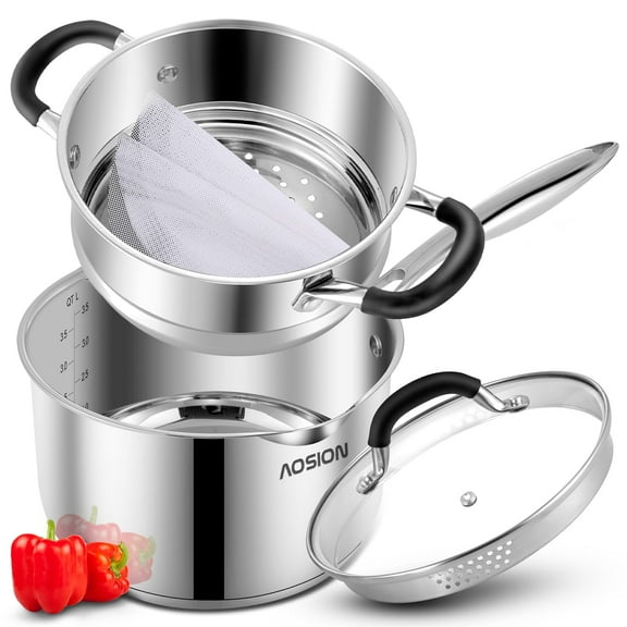 3.5 Quart Stainless Steel Saucepan with Steamer Basket,Tri-ply Full Body Multipurpose Sauce Pot,Two Side Spouts for Easy Pour with Ergonomic Handle,Perfect for Boiling,Pasta,Noodles