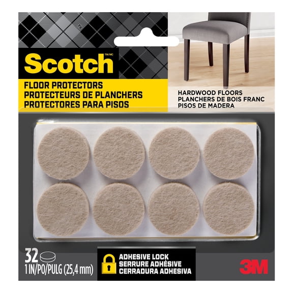 Scotch Round Felt Pads, Beige, Furniture Bumpers, 1 in, 32 Pack