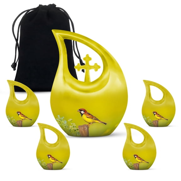 MUKTIVE Sparrow Funeral Urns for Human Ashes Adult Man, Yellow Burial Urn for Ashes for Women, Combo Sets Flower Cremation Urn for Mother, Memorial Urns for Human, (1 Large 10 ", 4 Keepsake 3 ")