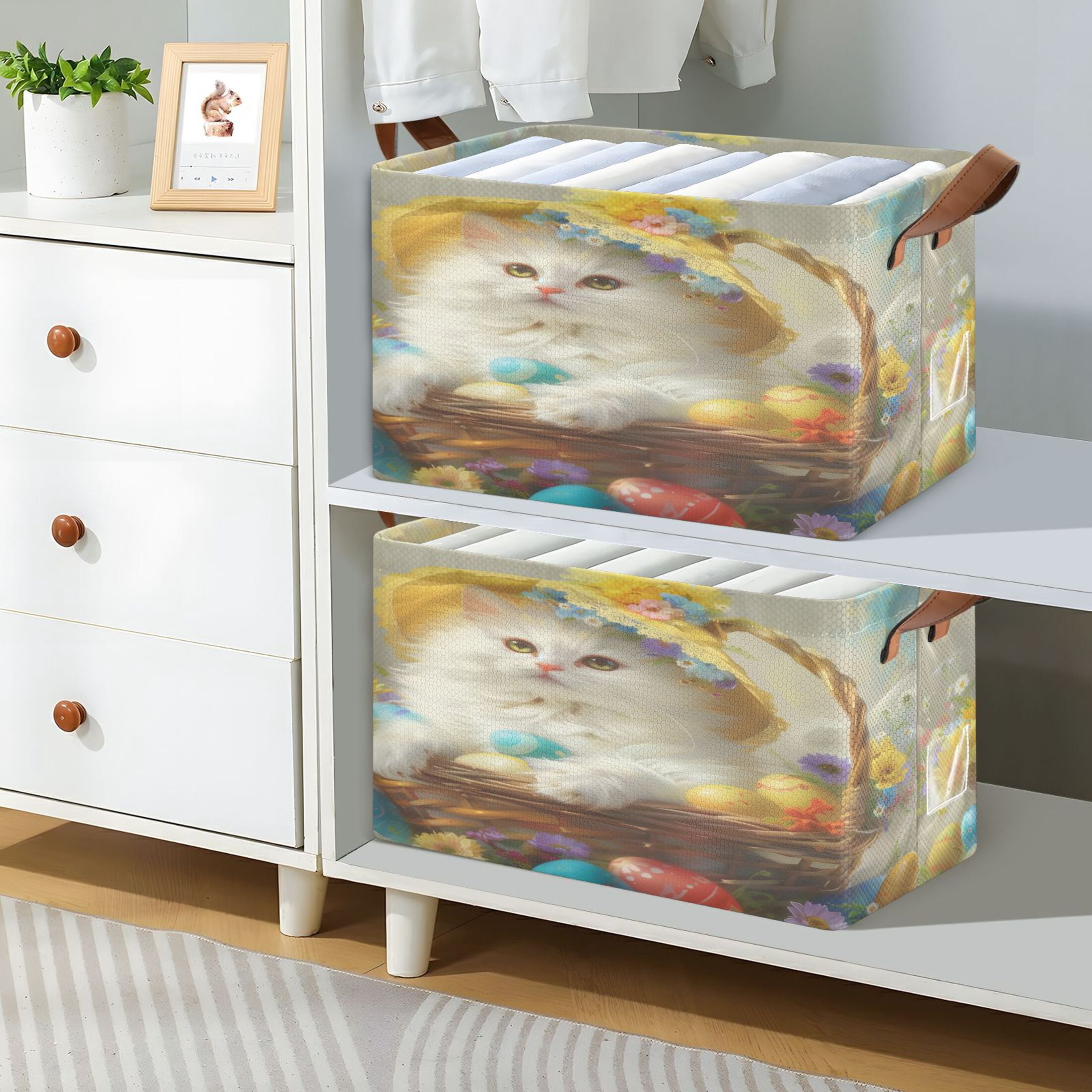 Collapsible Storage Bins Fabric Shelf Baskets with Handles Closet Organizer Easter Egg with Cat 16.9x11.4x10