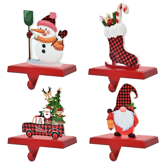Guardwee 4 Pack Heavy Duty Christmas Stocking Holder Free Standing for Mantle, Xmas Metal Hooks Christmas Decor with Black and Red Buffalo Plaid and Snowmen, Trees, Trucks, Stockings Elements - Red