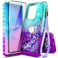 thumbnail image 6 of Compatible with Samsung Galaxy S20 Case with Tempered Glass Screen Protector, Ring Holder/Wrist Strap, Nagebee Glitter Liquid Floating Waterfall Cute Phone Cover (Aqua/Purple), 6 of 6