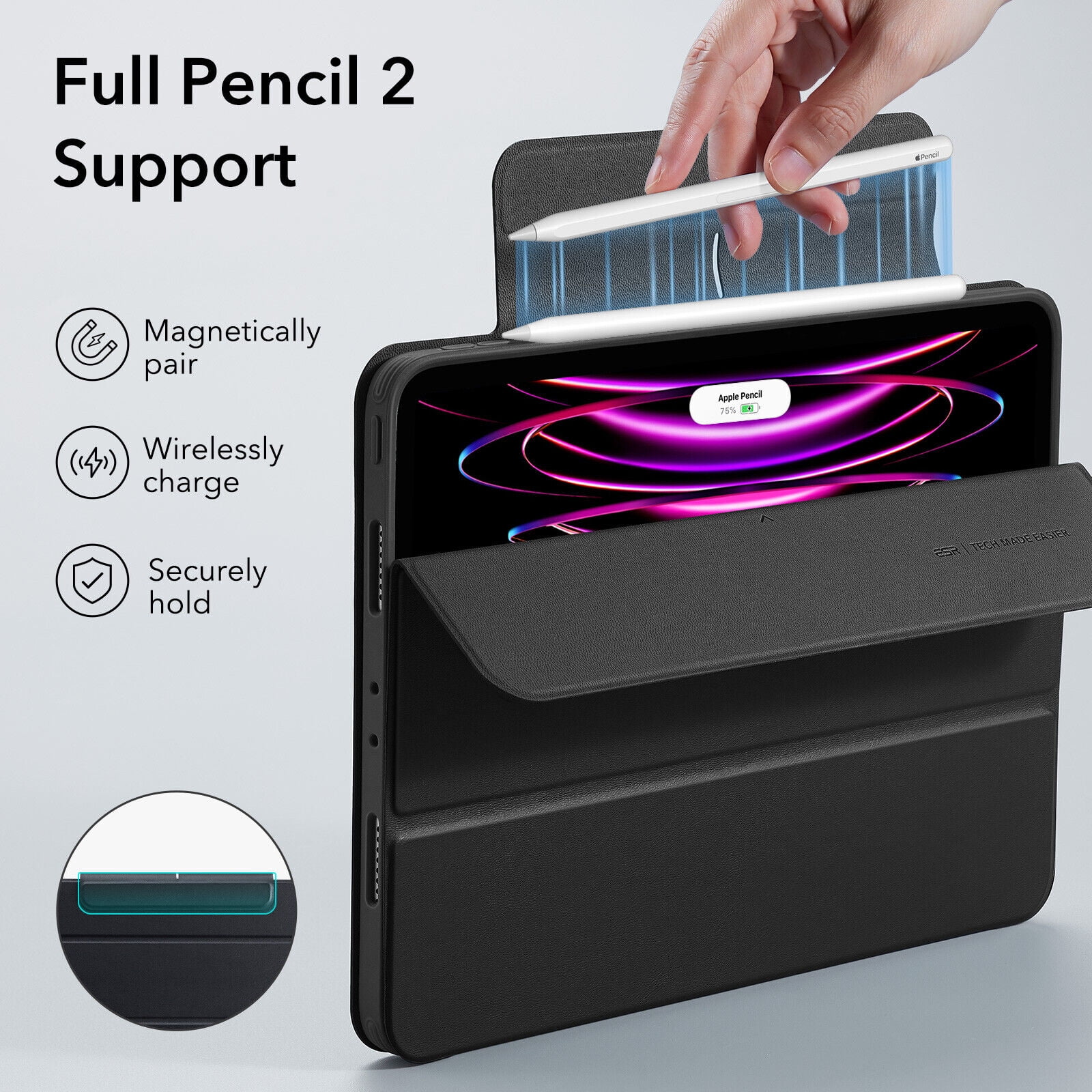 ESR Hybrid Case Compatible with iPad Pro 12.9 Inch (2022/2021), iPad Pro 12.9 Case with Pencil Holder, Detachable Magnetic Cover, Vertical Stand, Rebound 360 Series, Black