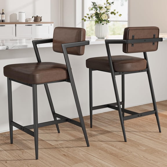 Bar Stools Set of 2 w/Backrest, 27" Counter Height Bar Stool with Armrest & Footrest, Tall Bar Chairs Thick Cushion & Thickened Metal Legs, for Island, Counter Bar, Kitchen,Rustic Brown