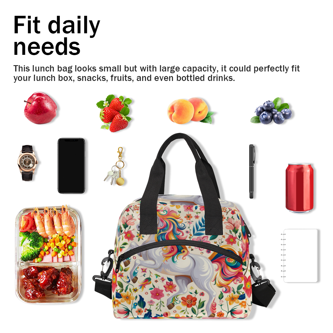 Herdesigns Unicorn Insulated Lunch Bag for Women Men Adults Large Reusable Lunch Box Colorful Animal Leakproof Cooler Tote Bags with Adjustable Shoulder Strap