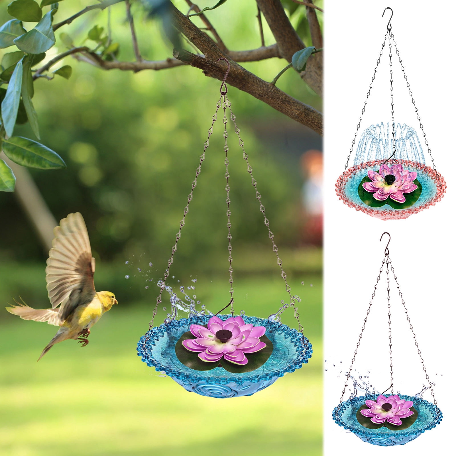 Lotus Shaped Hanging Bird Bath - Multi-Functional Water Fountain & Hummingbird Feeder | Solar Powered Bubbler Birdbath for Outdoor Garden Decor | Weather-Resistant