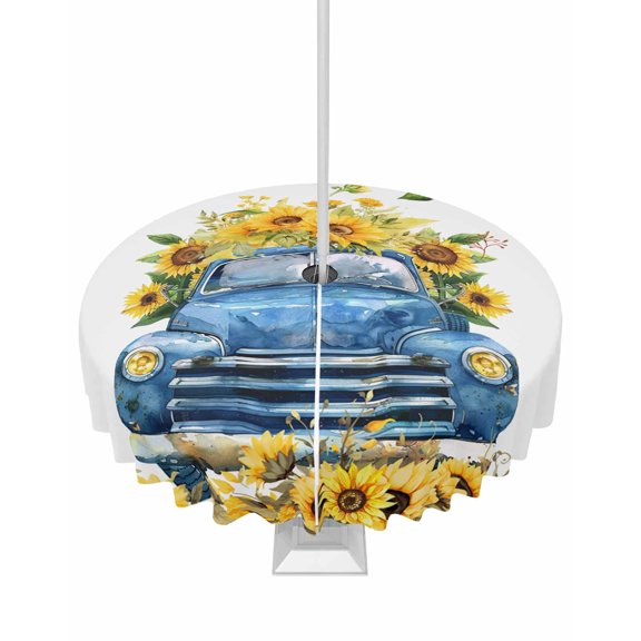 Fsddascl Sunflower Outdoor Tablecloth - 54 Inch Round Dining Table Cover, Watercolor Summer Floral Botanical Truck Waterproof Outdoor Table Cloth with Umbrella Hole & Zipper for Picnic/Patio/Party