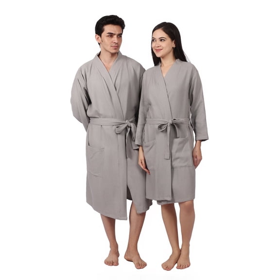 Feather Drape Waffle Unisex Cotton Blend Bathrobe, Large Size, Grey