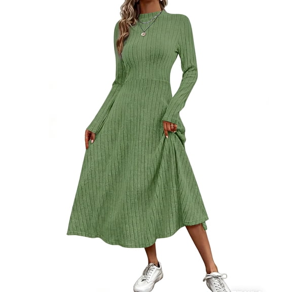 Hduncf Women's Trendy Spring Fall Wedding Guest Dresses Long Sleeve Crew Neck Knit Flowy Elegant Holiday Party Midi Dress Green XXL