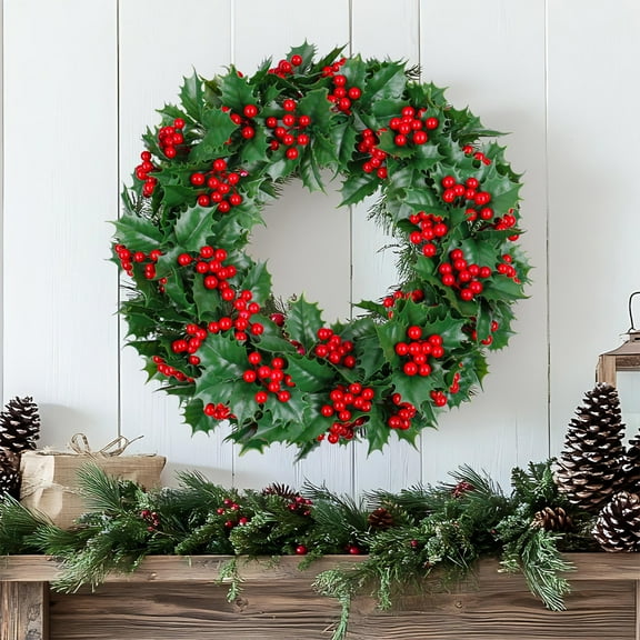 PONPRNGY Red Berry Christmas Wreath Clearance - 15 Inch Artificial Schefflera Green Wreath with Red Berries for Christmas Front Door Window Fireplace Decoration