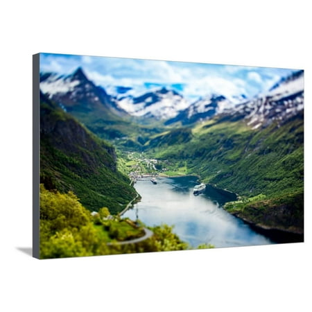 Geiranger Fjord, Beautiful Nature Norway (Tilt Shift Lens). it is a 15-Kilometre (9.3 Mi) Long Bran Stretched Canvas Print Wall Art By Andrey