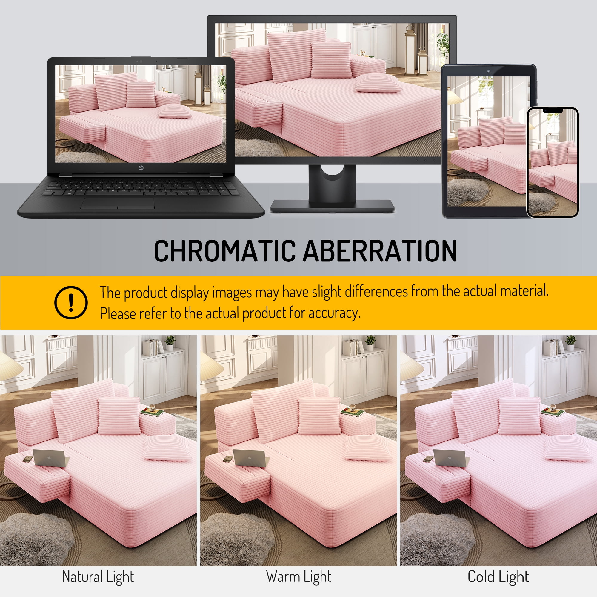 Aukfa Chaise Lounge Chair Indoor, Oversized Corduroy Boneless Sleeper Sofa Bed with Storage Pockets, Adjustable Backrest&3 Pillows, Reading Couch for Living Room Apartment, Pink