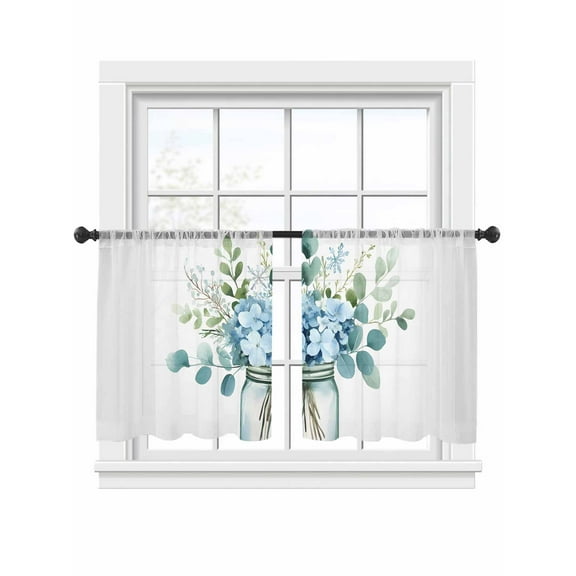 Blue Floral Sheer Curtains 45 Inch Long 2 Panels, Pastoral Eucalyptus Leaf Light Filtering Rod Pocket Semi Sheer Curtains, Sheer Voile Drapes for Living Room Bedroom, 52"x45"