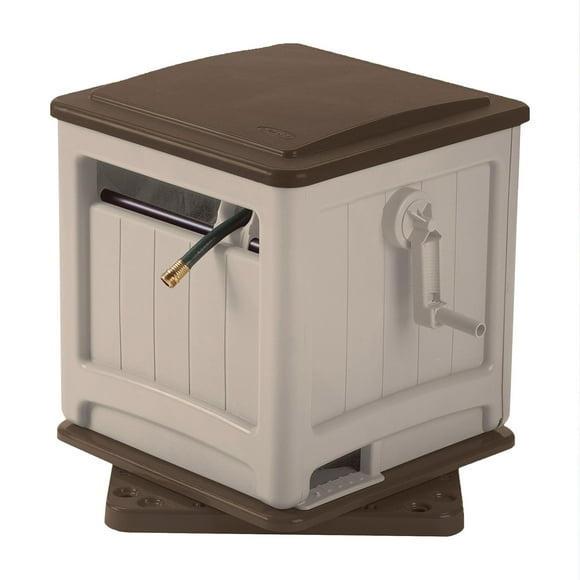Suncast 225 Foot Smart Trak Automatic Swivel Hideaway Water Hose Reel with Large Storage Bin Structure, Hose Guide, and Crank Handle, Light Taupe
